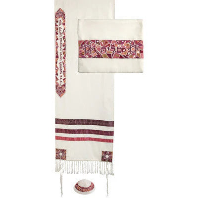Emanuel Embroidered Magen David  Pink / Purple Tallit Set of 3 Made in Israel 75" x 20"