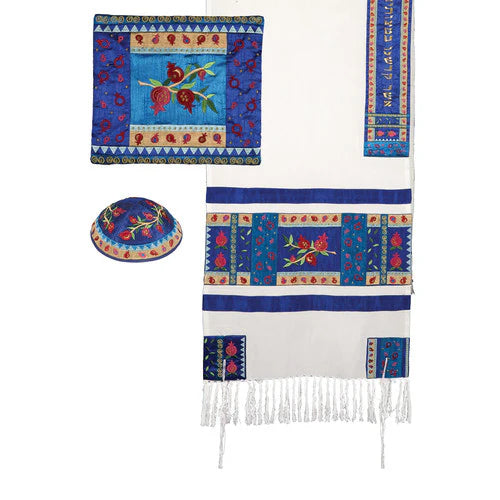 Full Embroidery Pomegranates in Multicolor Tallit 20"x75" Tallis by Emanuel Set of 3