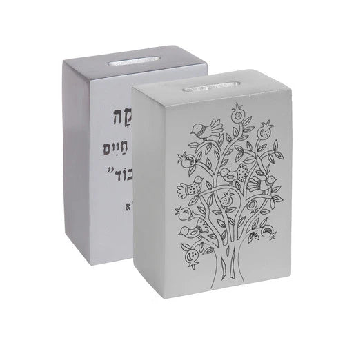 Anodized Tzedakah Box Square with Print - Silver  by Yair Emanuel, Israel