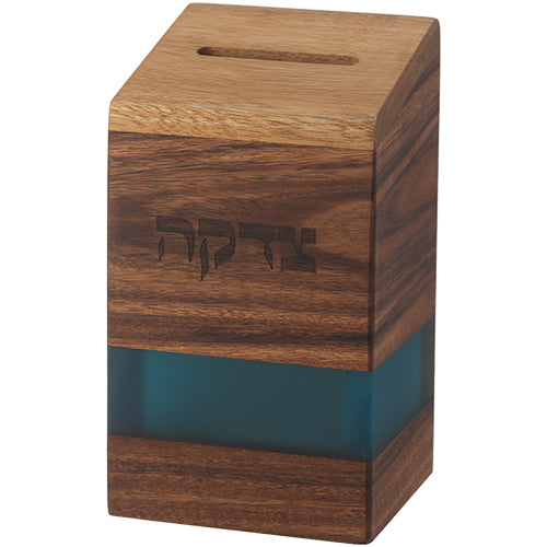 Contemporary Designer Wooden Tzedakah Box Decorated with Turquoise Stripe