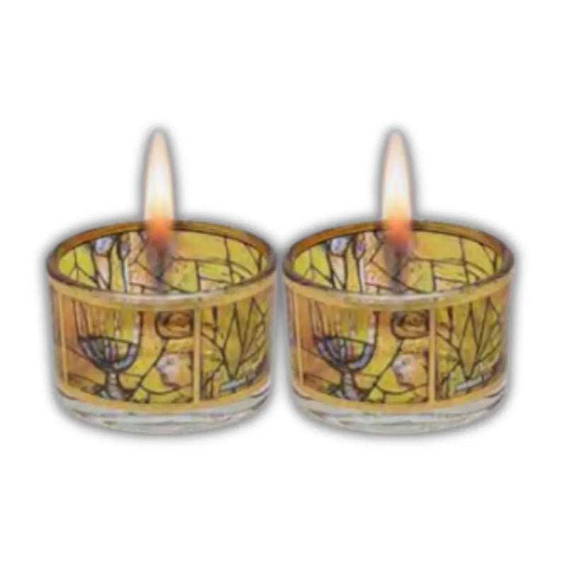 Marc Chagall Window Decoration in Golden Glass Shabbat Candlesticks Tealights Candleholders