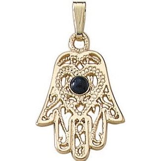 14K Yellow Gold Hamsa Necklace with Genuine Lapis Lazuli (Optional 18'' Gold chain) - Web Price