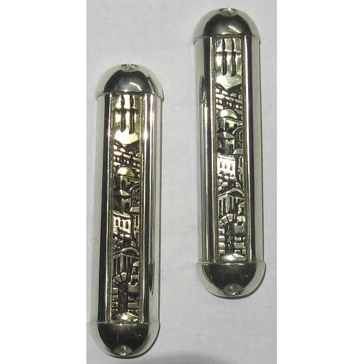 Jerusalem Scene Metal Mezuzah 4,5" Made in Israel Kosher Parchment Included