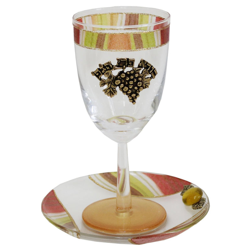 Artistic Glass Kiddush Cup With Saucer - Gold - Made in Israel by Lily Art