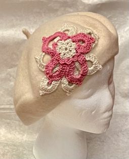 Designer Women's Wool Mix Beret "Spring Flowers" Hand Embellished with Custom Hand Made Crochet
