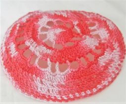 Ladies Crochet Knit Lace Kippah Knit Hair Covering for Women in Rose Pink Melange Custom Hand Made