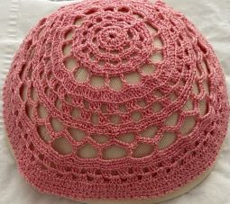 Pink Ladies Fine Crochet Knit Lace Kippah Hair Covering for Women 7.5" Custom Made in USA