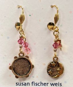Designer New Moon Rosh Chodesh Earrings Gold plated Earwires By Susan Fischer Weis in pink or blue