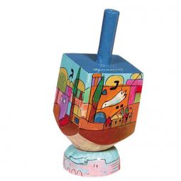 Jerusalem Artistic Small Wooden Dreidel with Base Hand Painted by Yair Emanuel