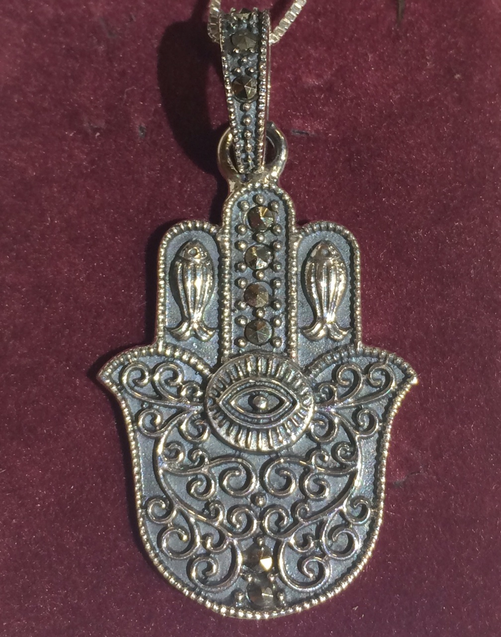 SOLD OUT 925 Sterling Silver & Marcasite Antique Fish Hamsa Pendant 1.5 ...