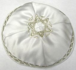 Star of David White Satin Silver Embroidery Kippah Yarmulke